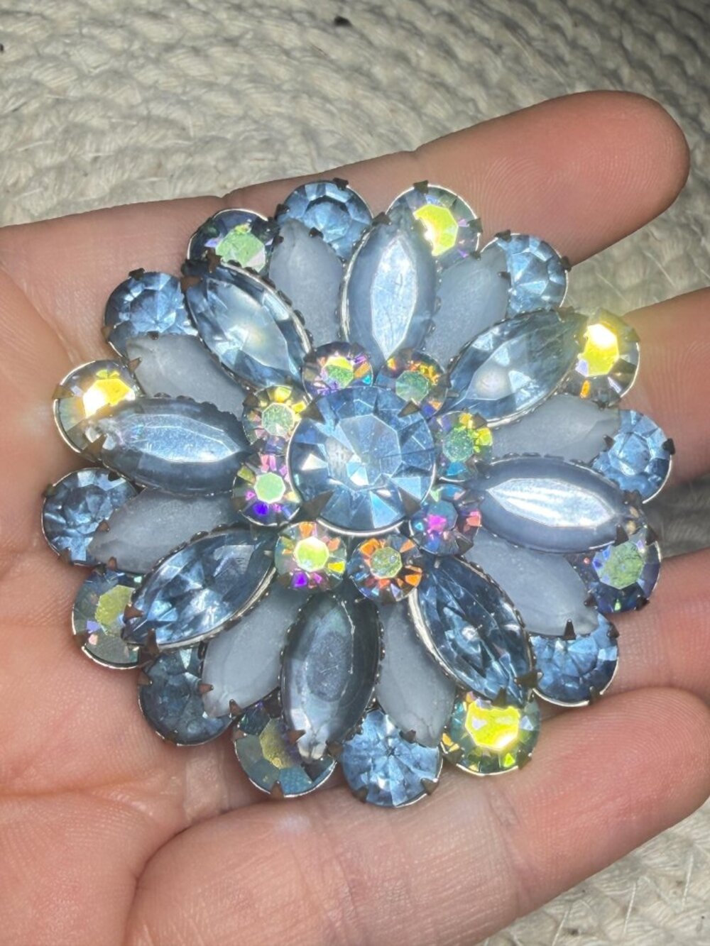 Blue Rhinestone Flower Brooch Marquise Crystal Tiered Floral Pin 2.25 inches
